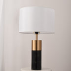 White Marble and Brass Table Lamp, White Drum Shade, 22 Inch