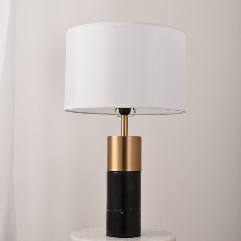 White Marble and Brass Table Lamp, White Drum Shade, 22 Inch
