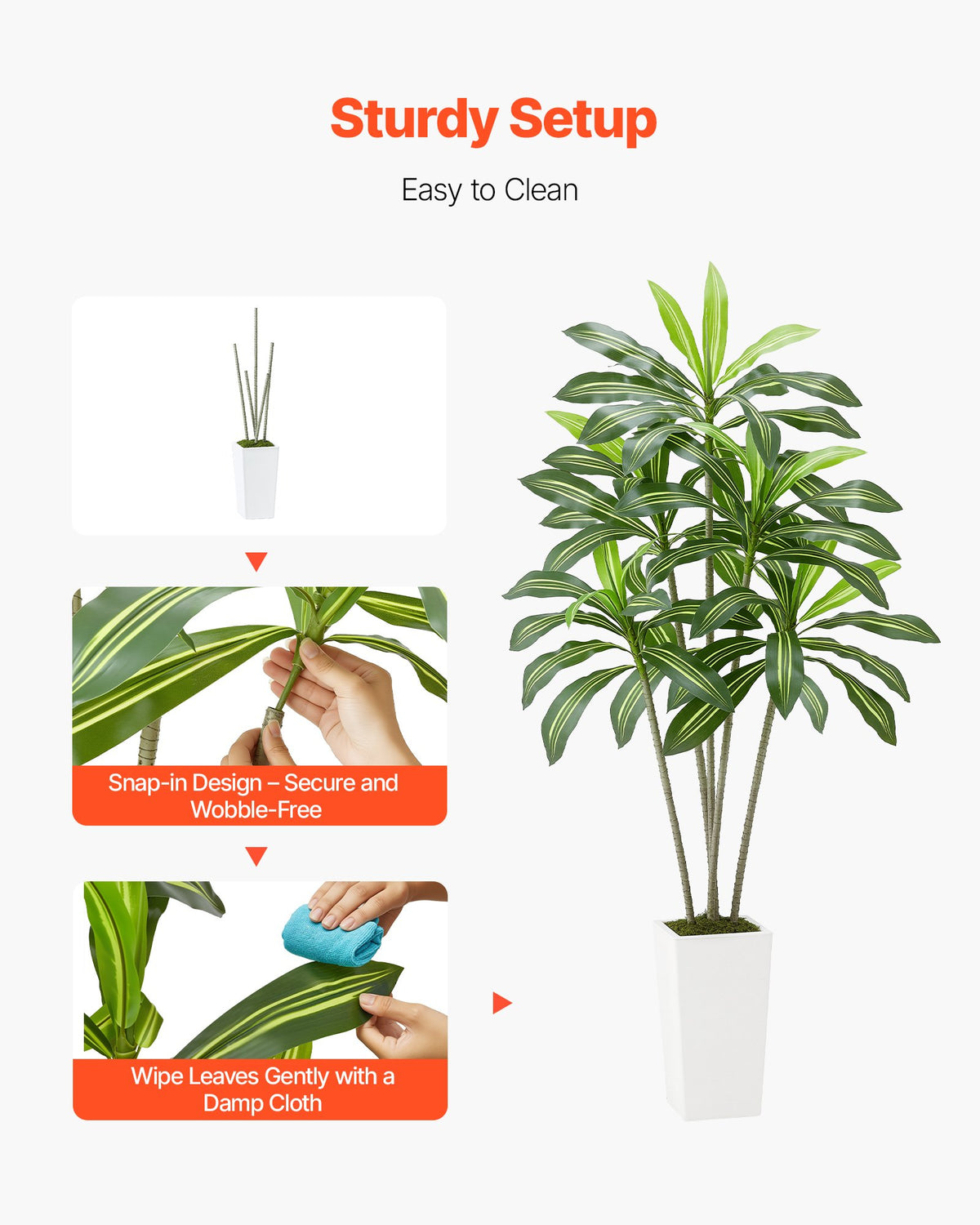 Artificial Dracaena Tree, 6 ft Faux Plant with White Planter, Green, for Living Room — detail view