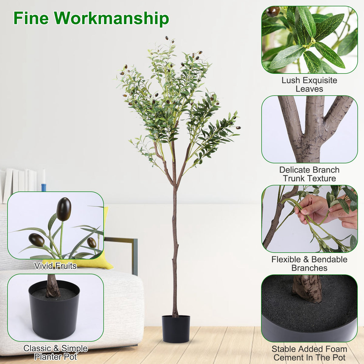 Artificial Olive Tree, 5.9 ft Faux Potted Plant with Fruit, Green, for Living Room — detail view
