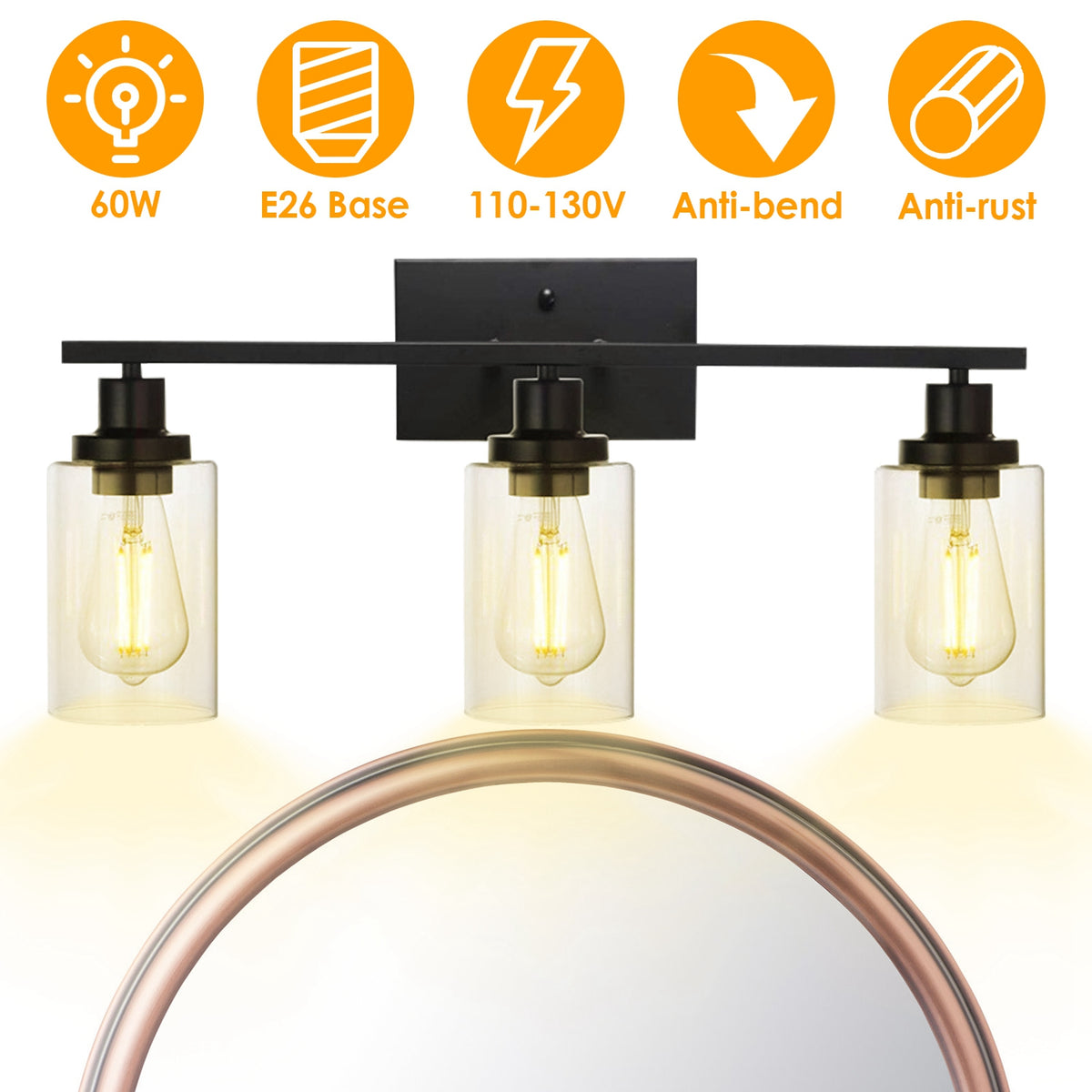 Modern 3-Light Wall Sconce, Clear Glass Shades, Matte Black Vanity Bar for Bathroom — detail view 2