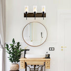 Matte Black & Wood 3-Light Bathroom Vanity Light, Modern Wall Sconce Fixture