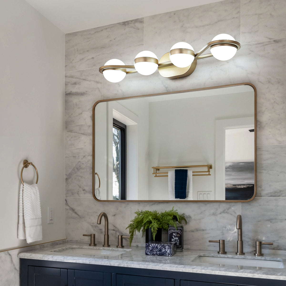 Minimalist LED Bathroom Vanity Light, 28 in. 4-Light Crystal Sand Acrylic, Gold — detail view 3