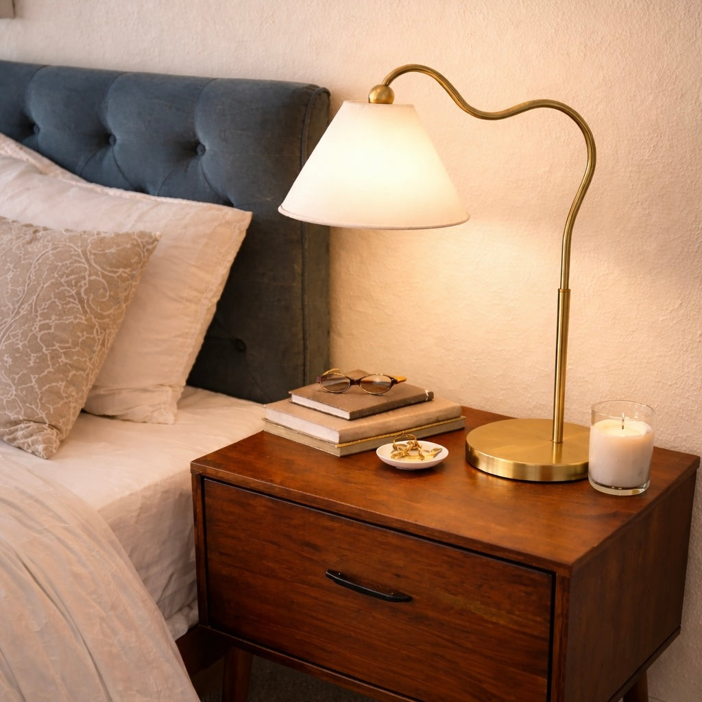 Ornate Brass Ring Base Curved Table Lamp with Triangle White Drum Shade, 18.25 in. — detail view