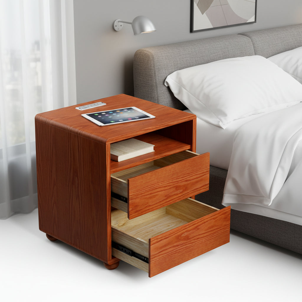 Solid Wood Curved Nightstand with Charging Station, Walnut
