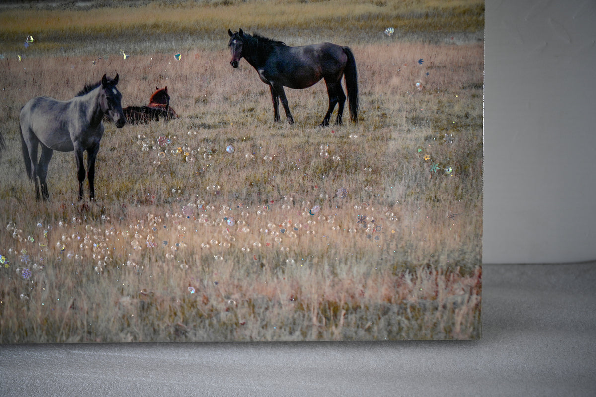 Farmhouse Horse Framed Wall Art, Country Western Wood Painting, Denim Brown, for Living Room — detail view