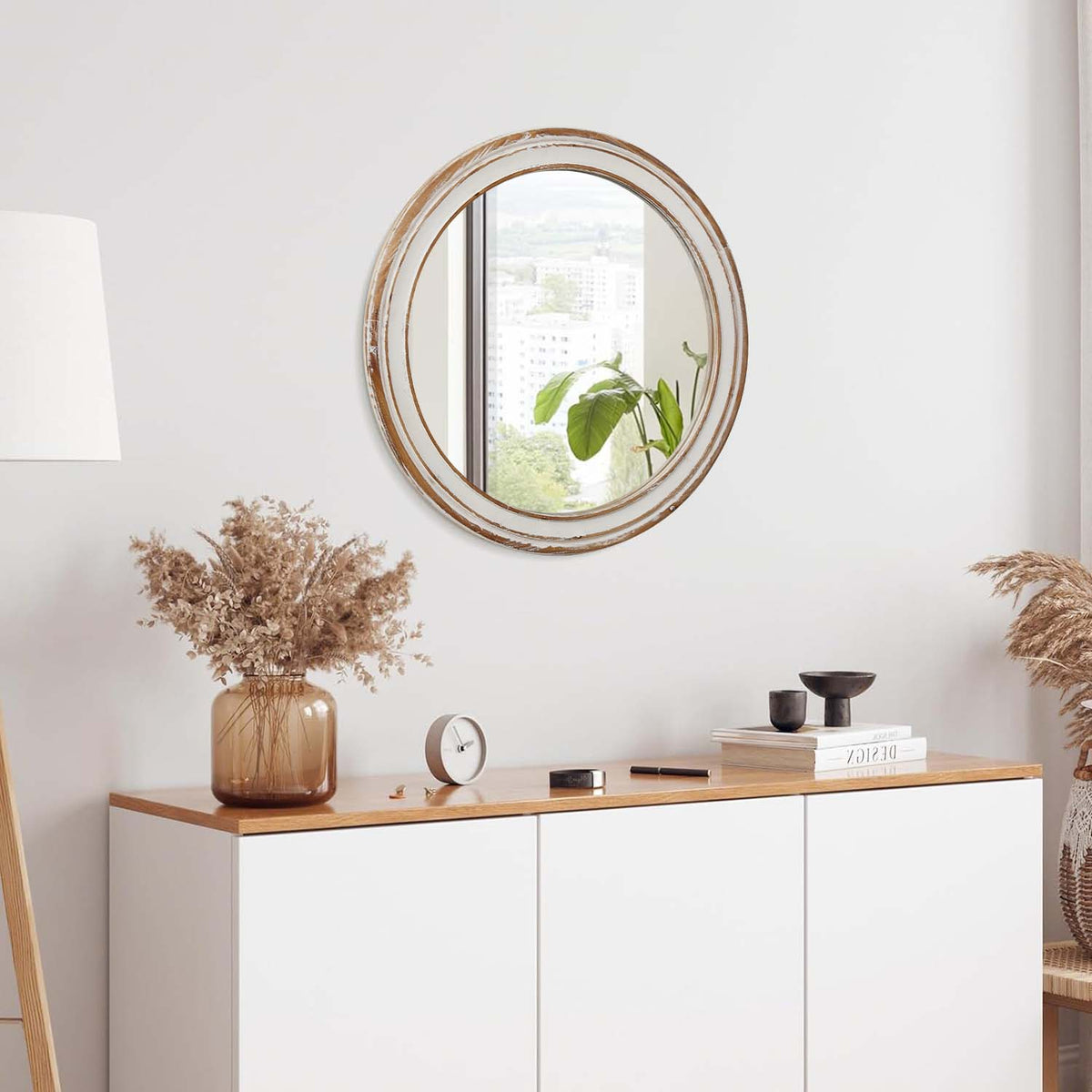 Farmhouse Wood Round Wall Mirror, Circle Vanity Mirror, Antique Natural, 23.6 in. for Bathroom Vanity — detail view 2