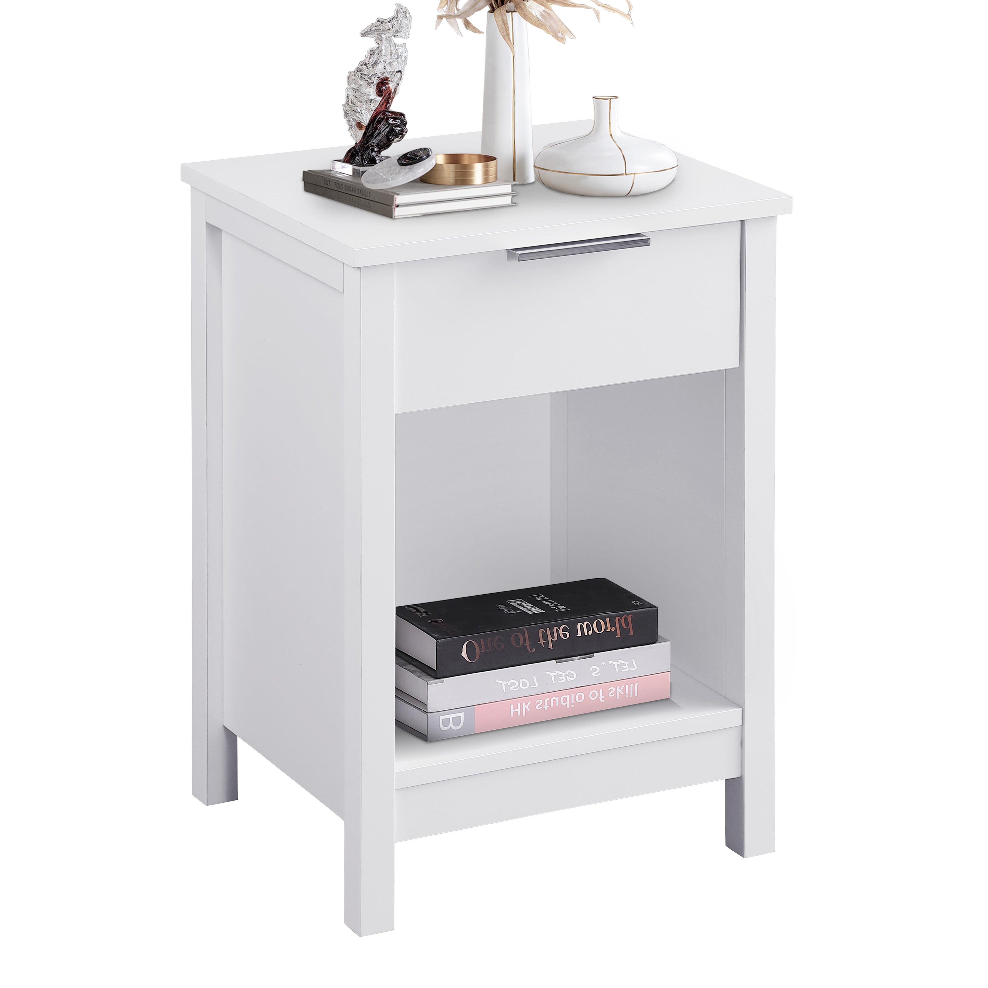 Three-Tier Nightstand with Storage Drawer, Retro White