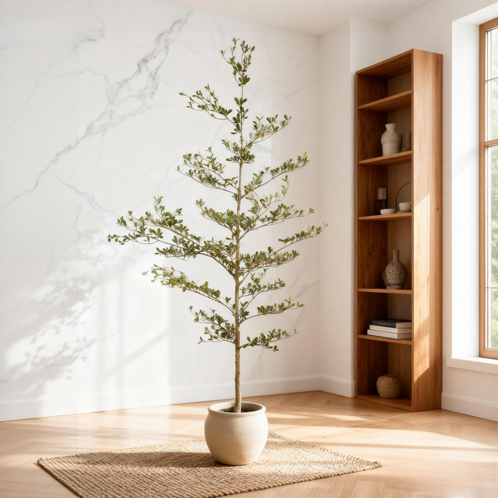 Faux black olive tree in a cream planter, not included, on a woven rug beside a bookcase