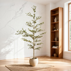 Faux black olive tree in a cream planter, not included, on a woven rug beside a bookcase