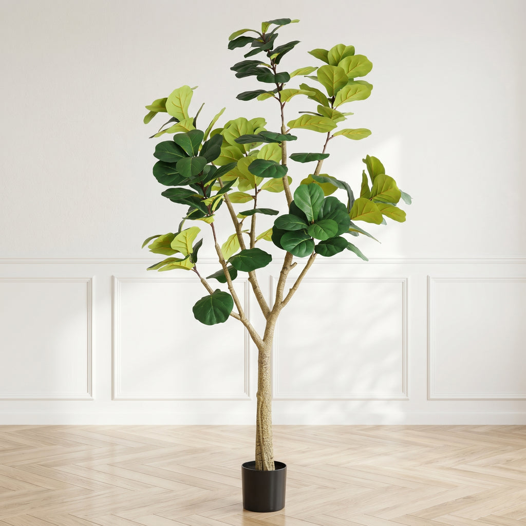 7 ft faux fiddle leaf fig tree in its black pot in a cream room with paneled walls