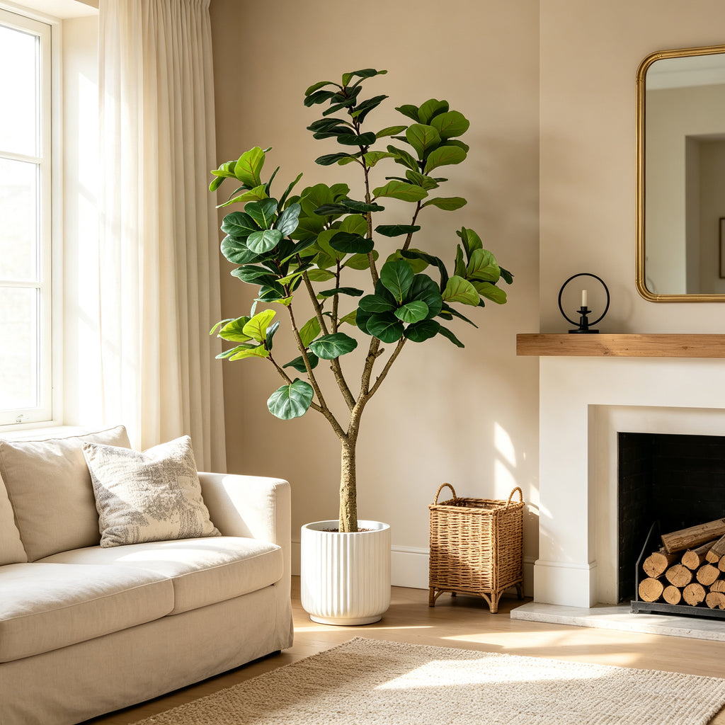 Faux fiddle leaf fig in a white fluted planter, not included, beside a sofa and fireplace