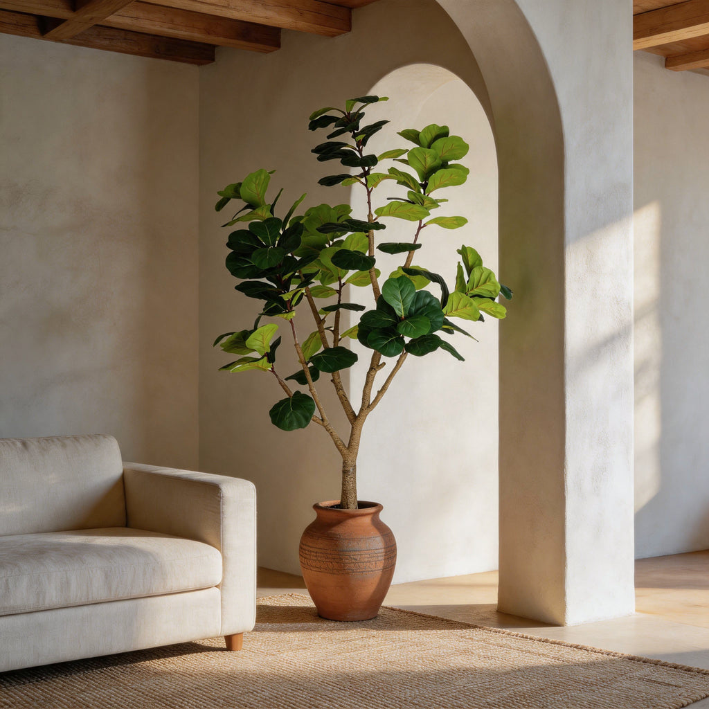 Faux fiddle leaf fig in a terracotta urn, not included, in a plaster living room with an arch