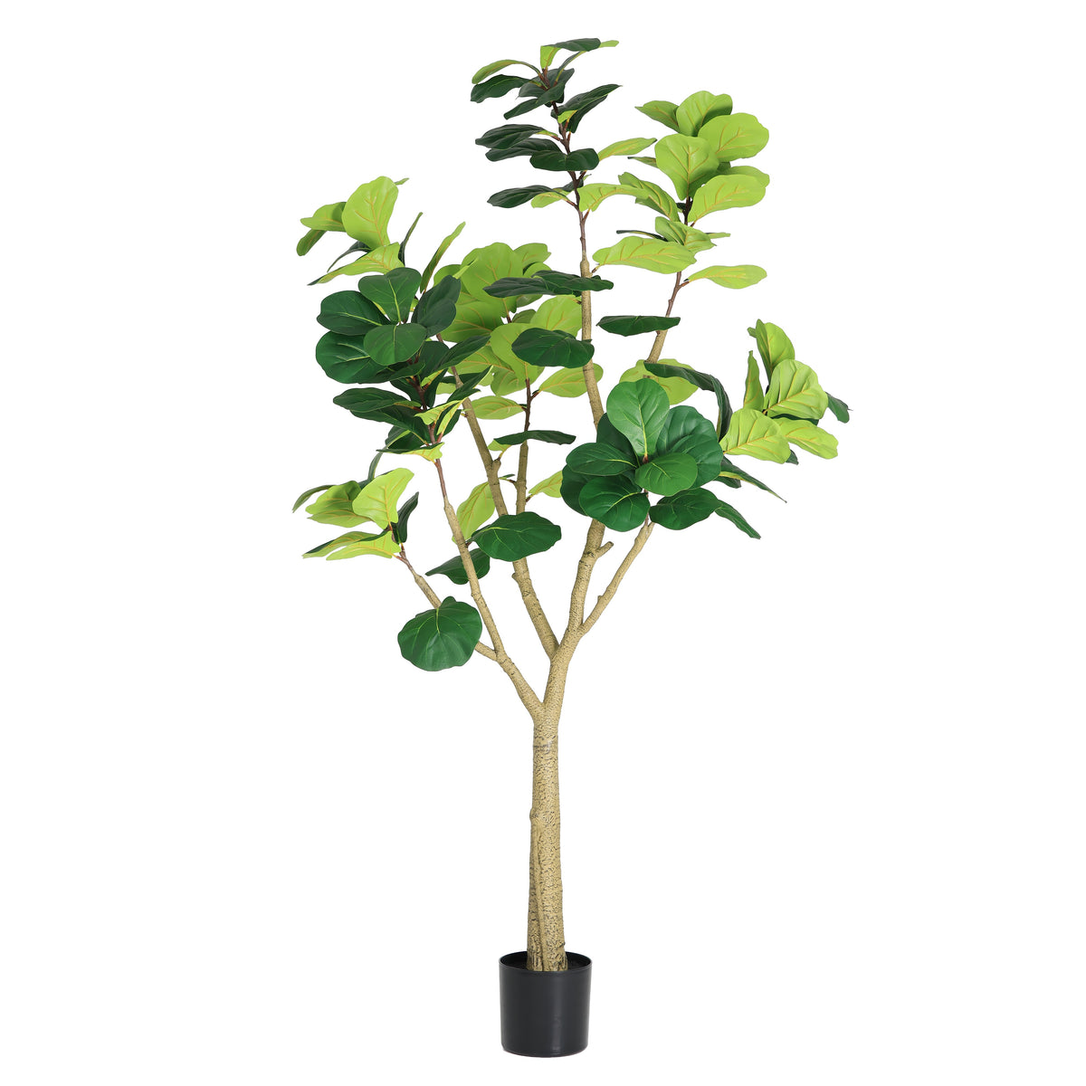 Faux fiddle leaf fig tree, 7 ft, in a black pot on a plain white background