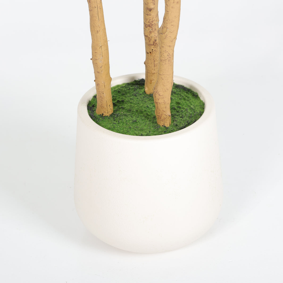 Faux fiddle leaf fig tree — detail of the white pot, faux moss and three trunks