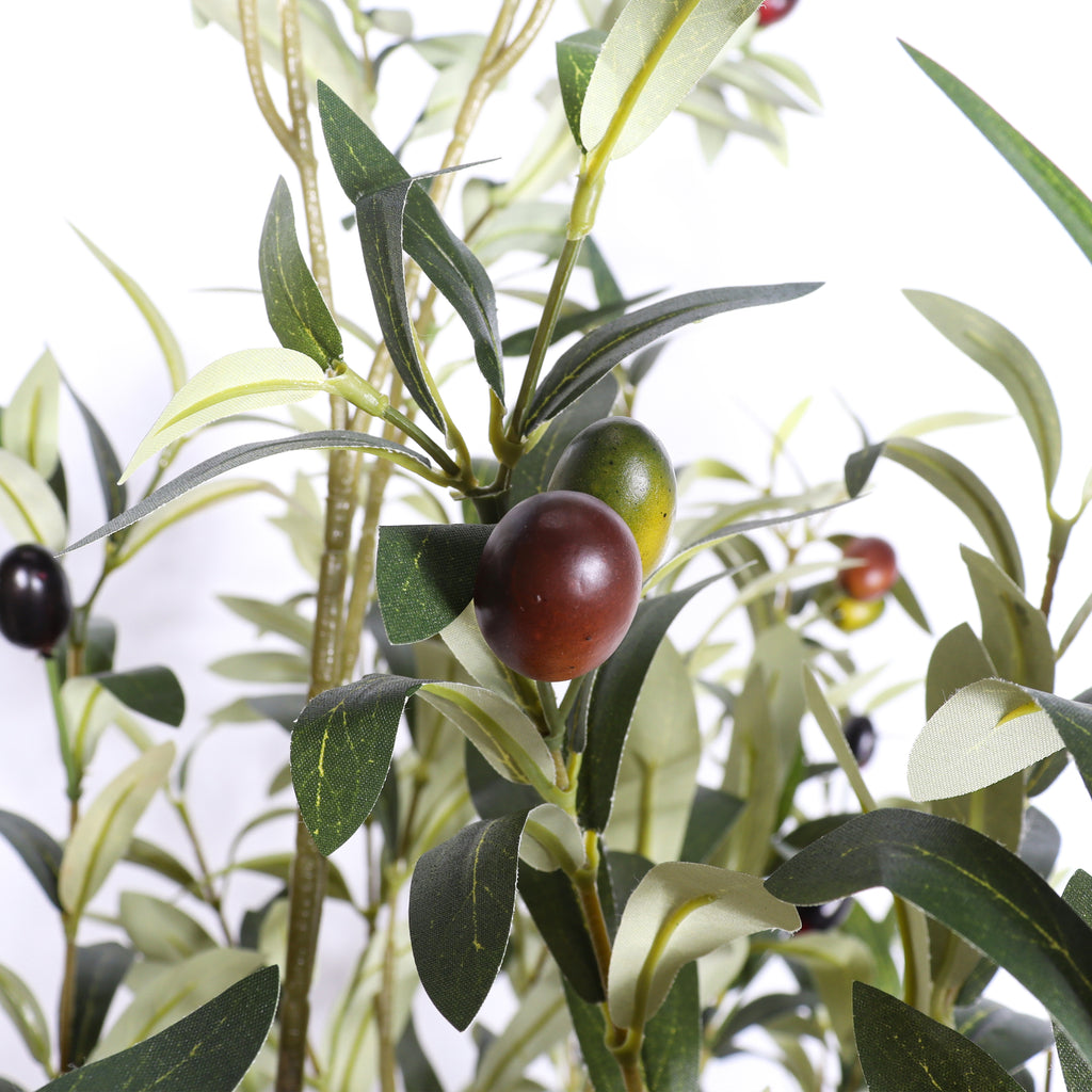 Faux olive tree — detail of the gray-green leaves and dark faux olives