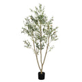 Faux olive tree, 6 ft, with a forked trunk in a black pot on a plain white background