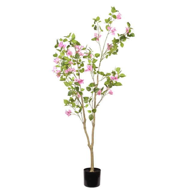 Faux pink bougainvillea tree, 5 ft, in a black pot on a plain white background