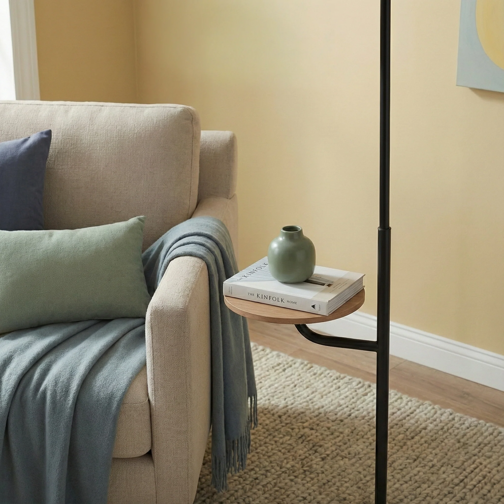 Black Wood Floor Lamp with Table, Rotary Switch, Linen Shade, Metal Base
