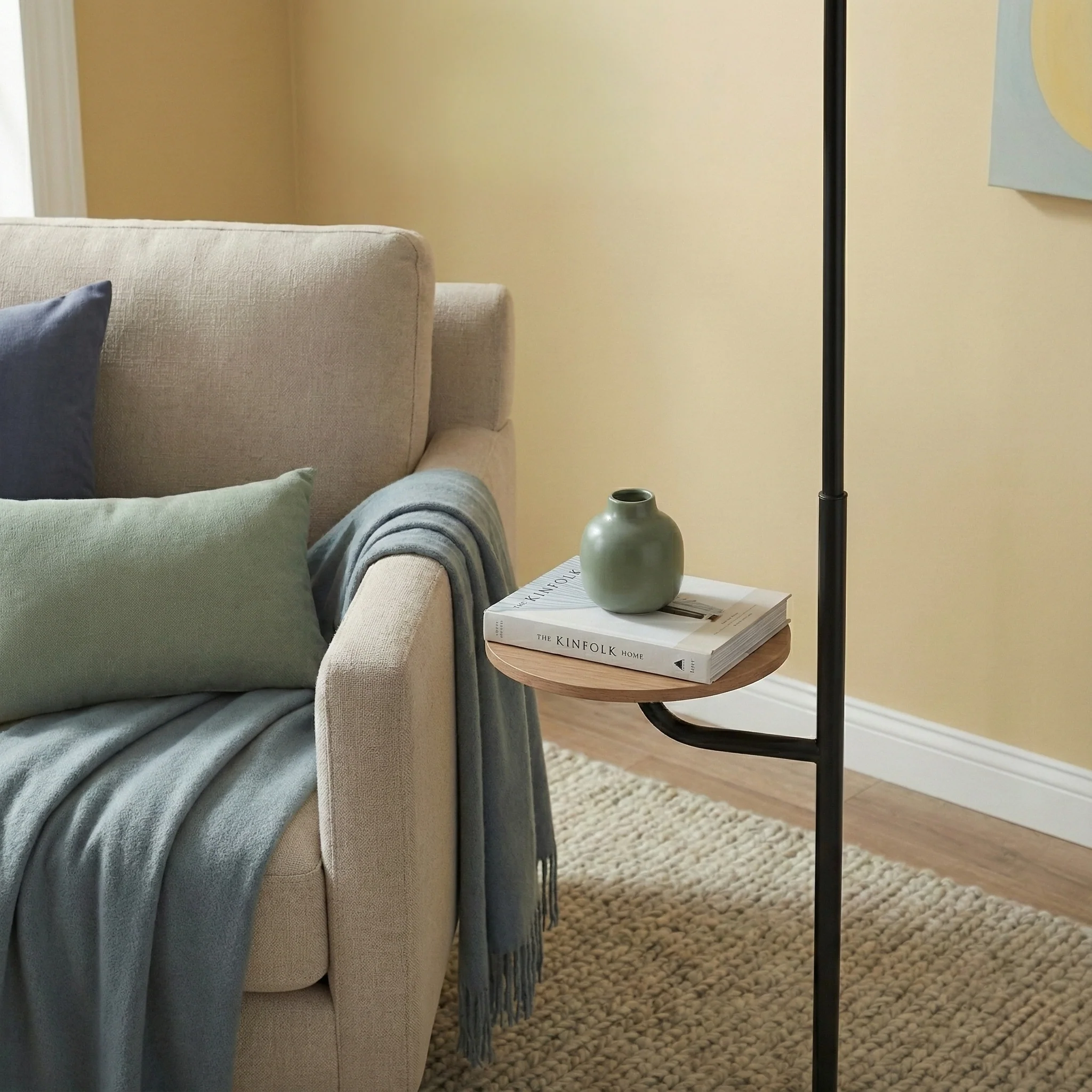 Black Wood Floor Lamp with Table, Rotary Switch, Linen Shade, Metal Base