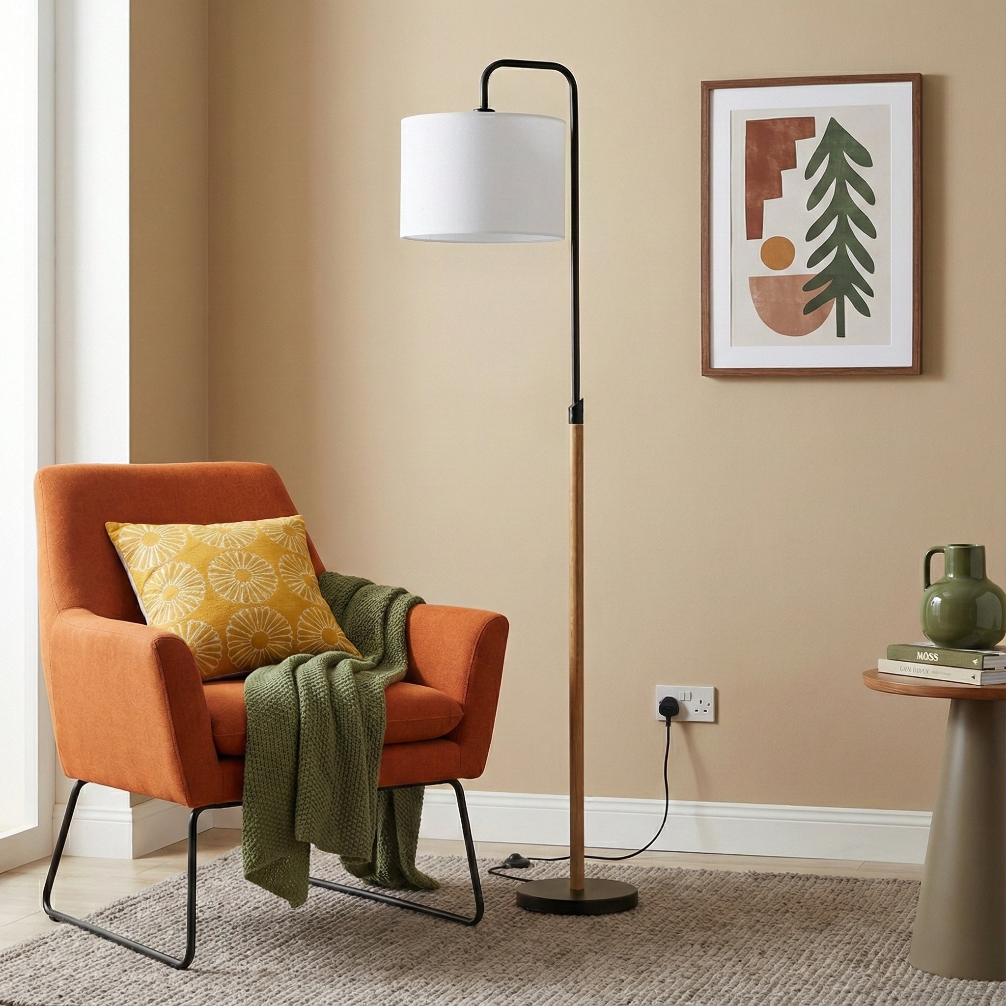 Curved Arc Floor Lamp, Cylinder Shade, Black Finish