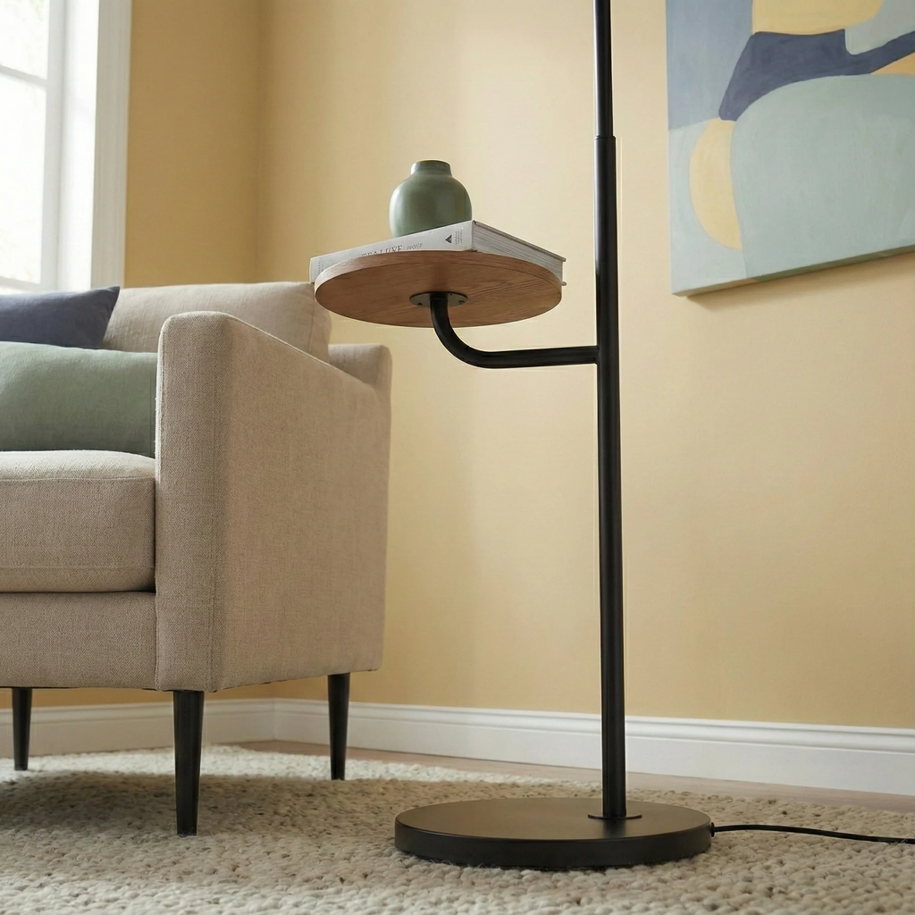 Black Wood Floor Lamp with Table, Rotary Switch, Linen Shade, Metal Base