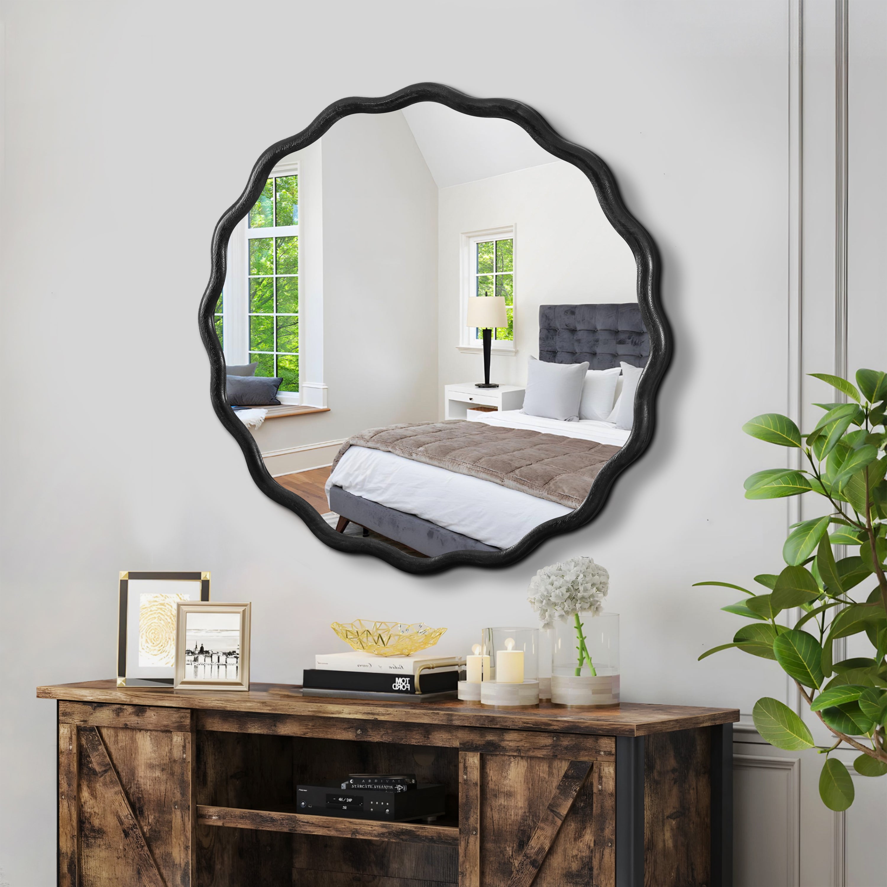 Solid Wood Wavy Mirror-Black Vanity Mirror Wall Decor 36X 36 Modern Mi
