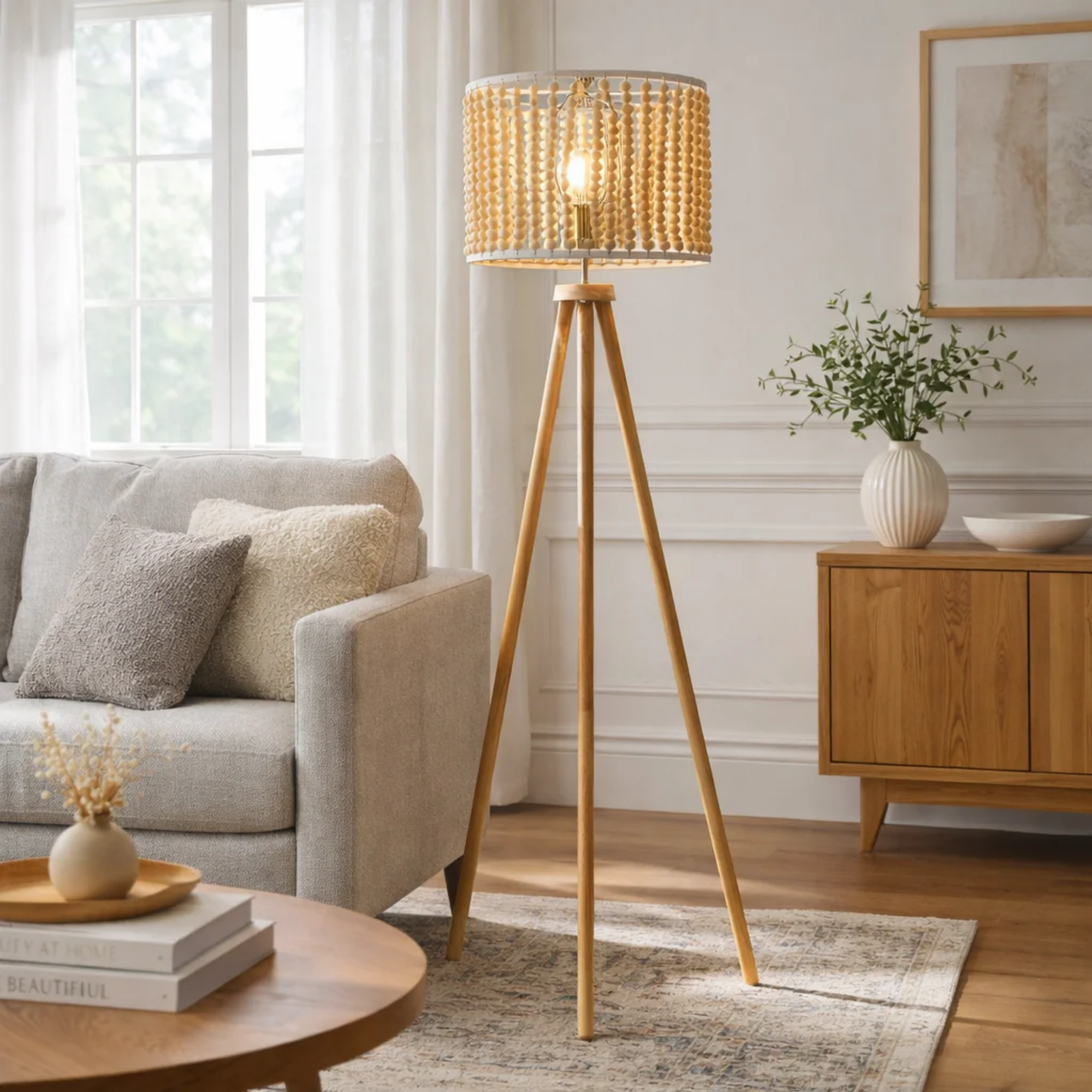 Reading Floor Lamp, Three-Legged Wood Base, Brown Finish