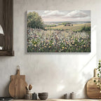Vintage Framed Canvas Wall Art, Floral Meadow Landscape Print, Green and Ivory, for Living Room — detail view 3