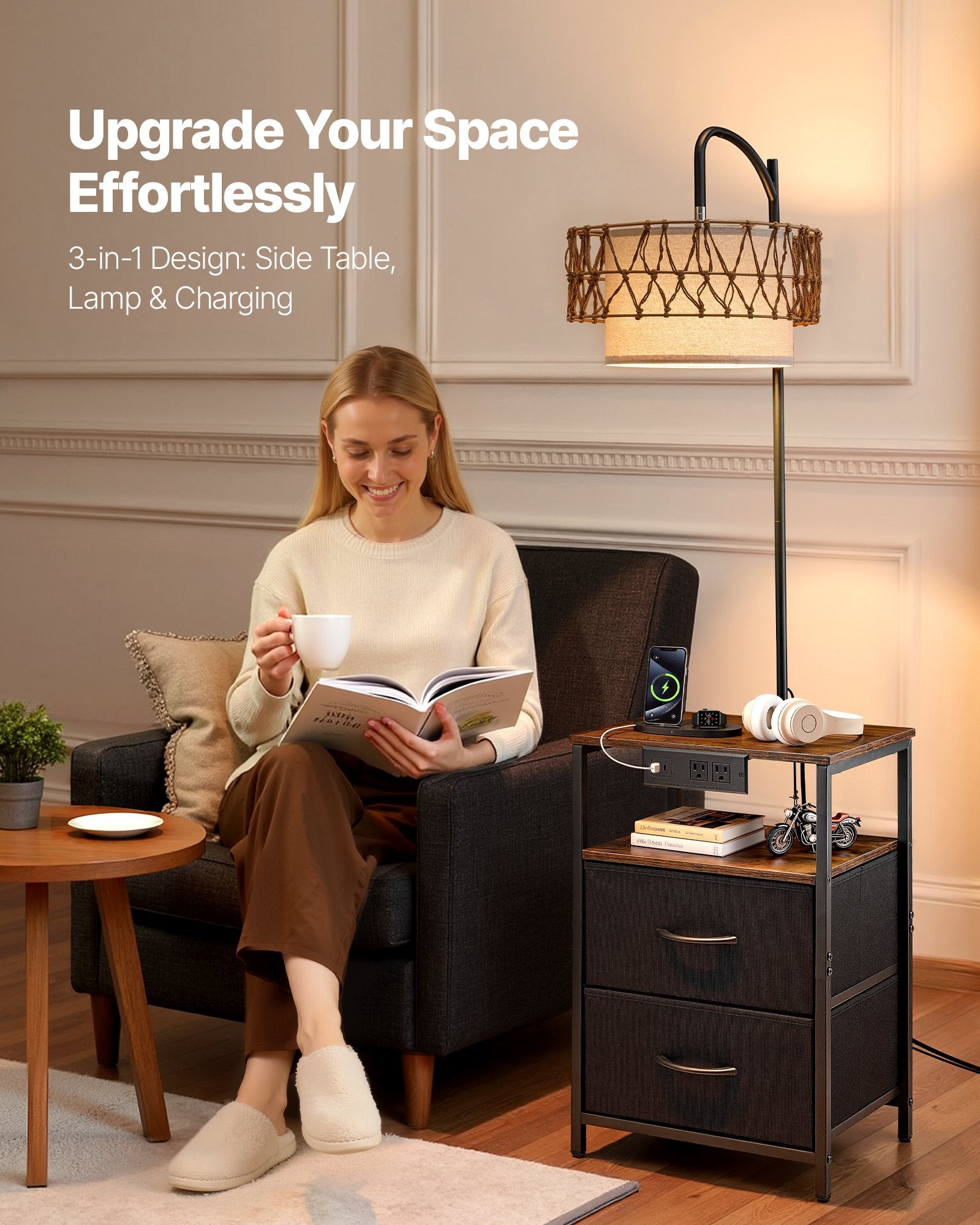 Rustic Industrial Floor Lamp with End Table, Charging Station, Storage Shelf, Black Finish