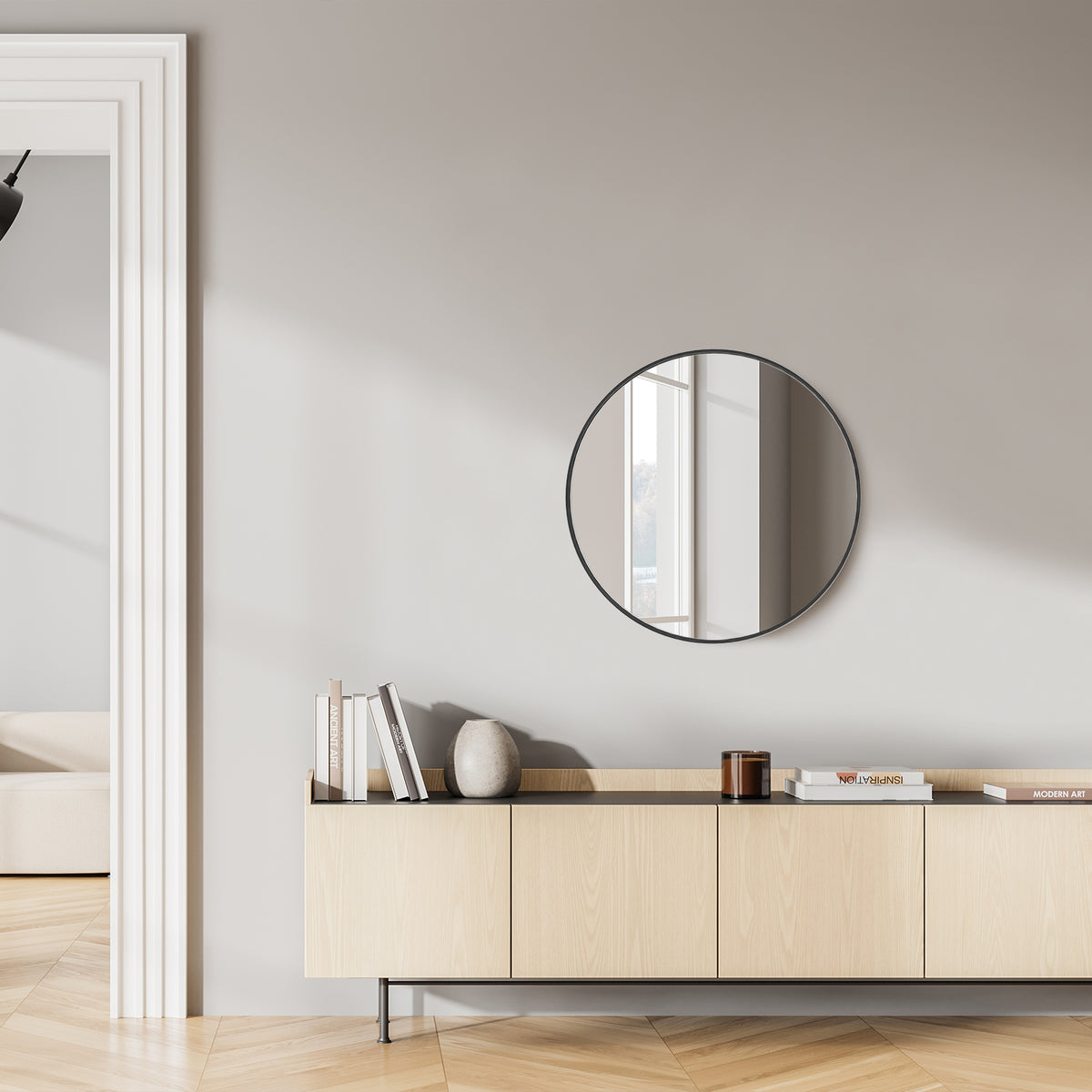 Round Circular Wall Mirror, 20 to 30 in. Metal Frame, Black or Gold for Living Room Wall — detail view 2
