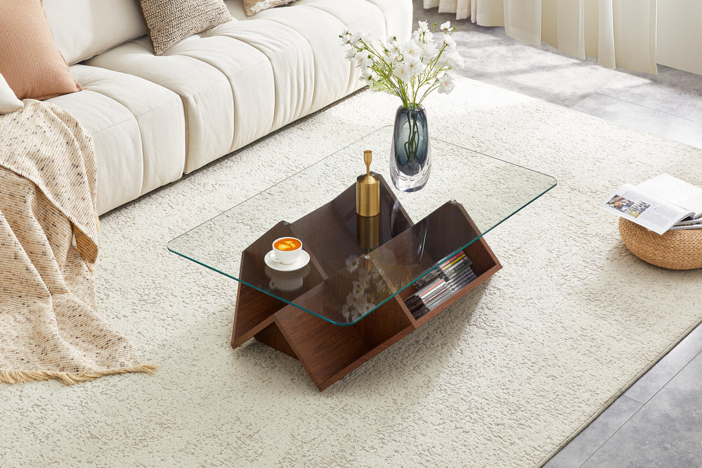 Walnut Multi-Storage Coffee Table with Tempered Glass Top