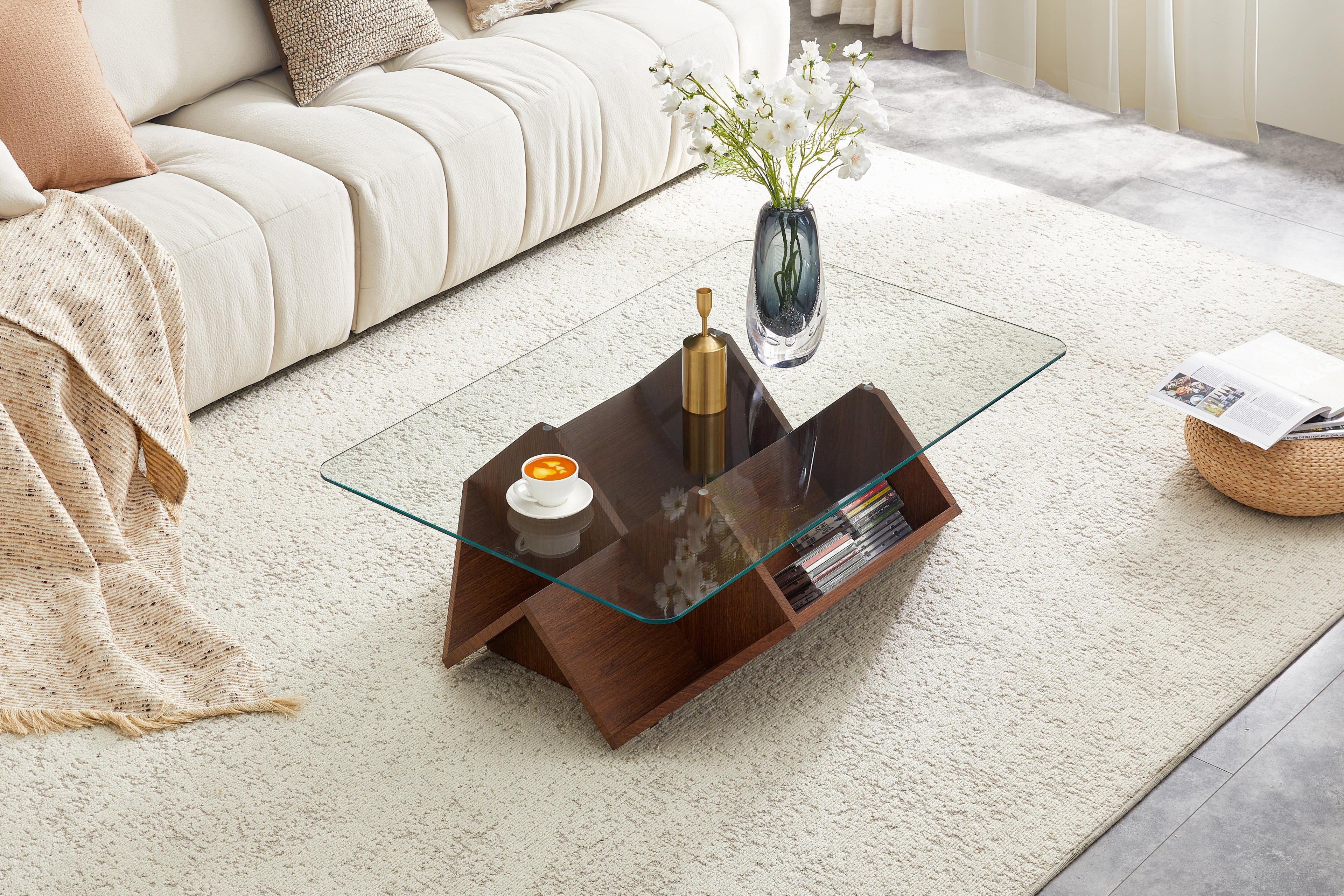 Walnut Multi-Storage Coffee Table with Tempered Glass Top