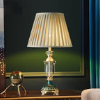 French Crystal Table Lamp, Pleated Shade, Enamel Brass Base