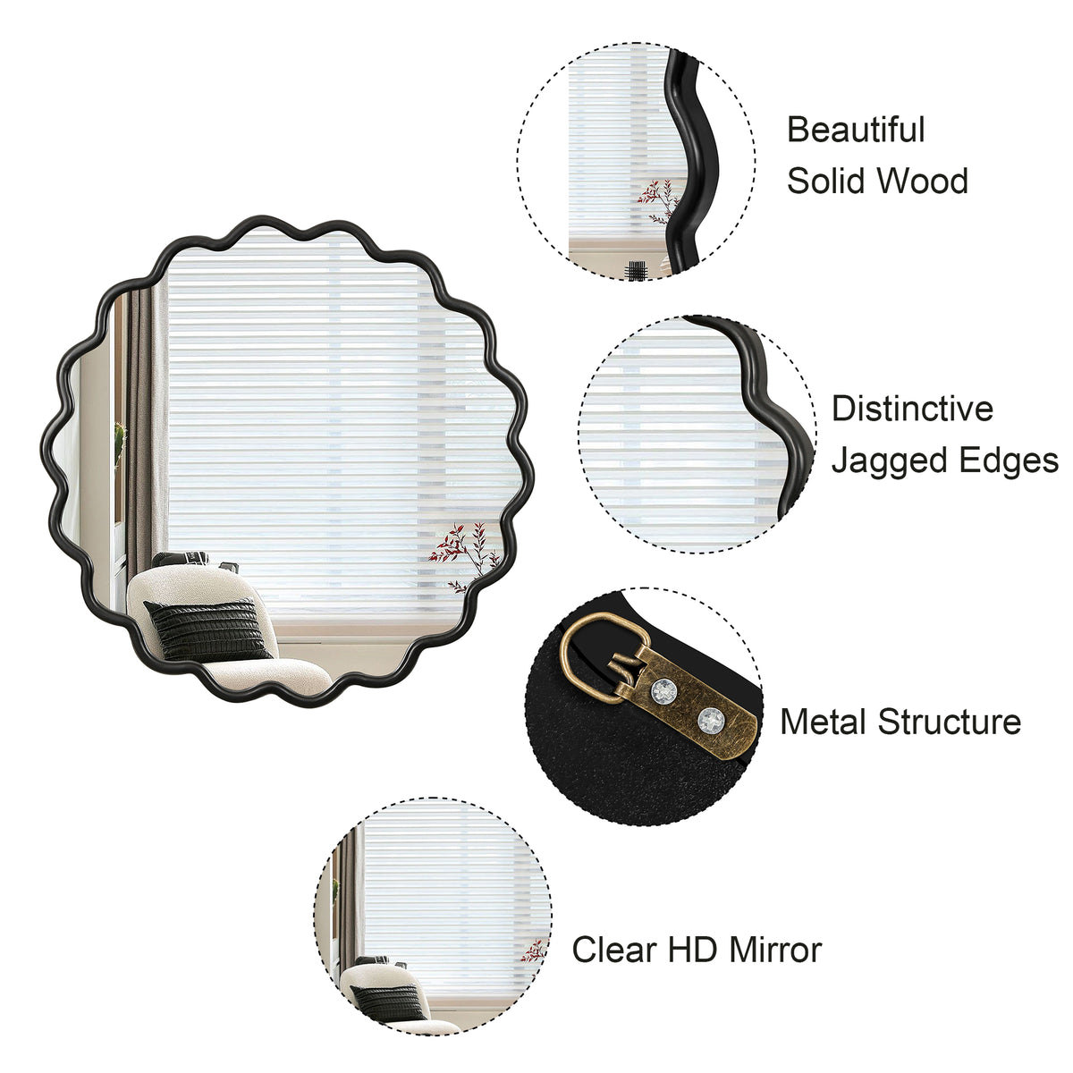 Solid Wood Wavy Wall Mirror, 36 x 36 in. Modern Vanity Decor, Black for Living Room — detail view 3