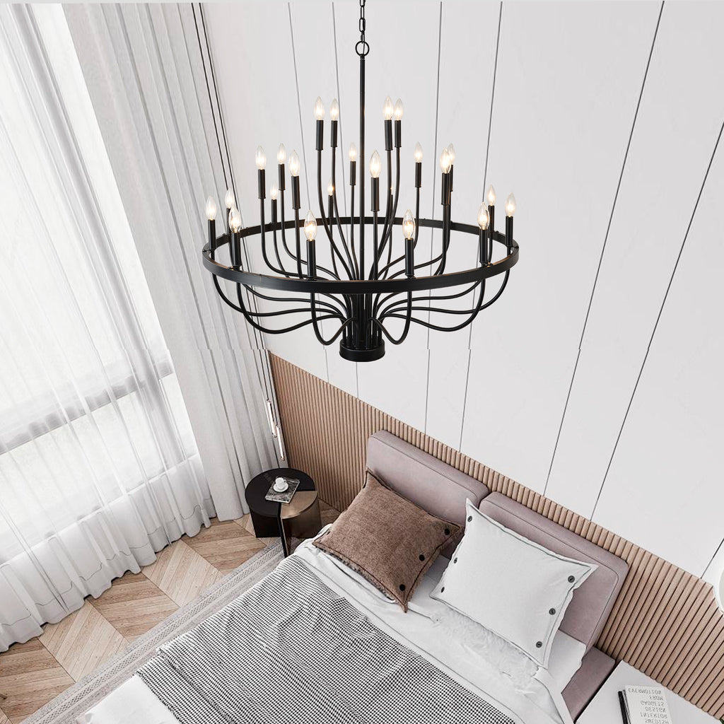 24-Light Iron Candle Chandelier, Matte Black Farmhouse, 39 In. Wide