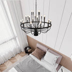 24-Light Iron Candle Chandelier, Matte Black Farmhouse, 39 In. Wide