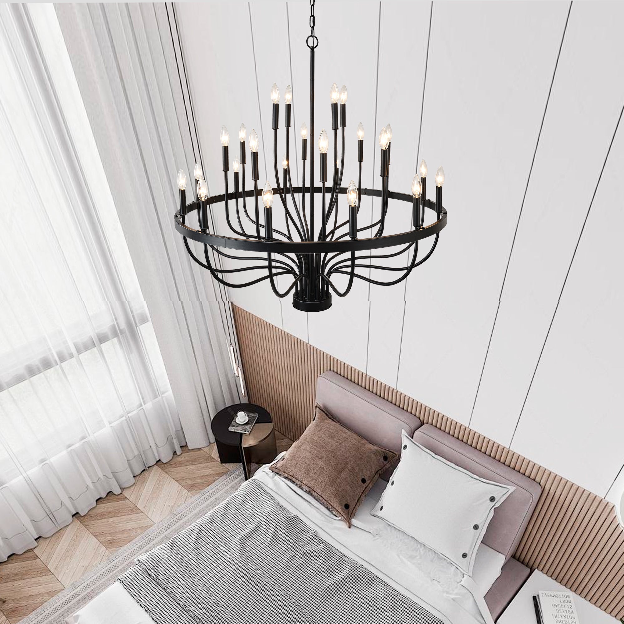 24-Light Iron Candle Chandelier, Matte Black Farmhouse, 39 In. Wide