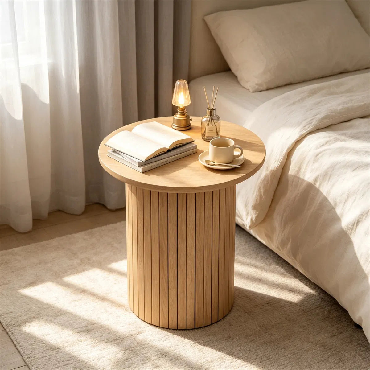 Fluted round side table beside a bed with a small lamp, books and a cup on top in morning light