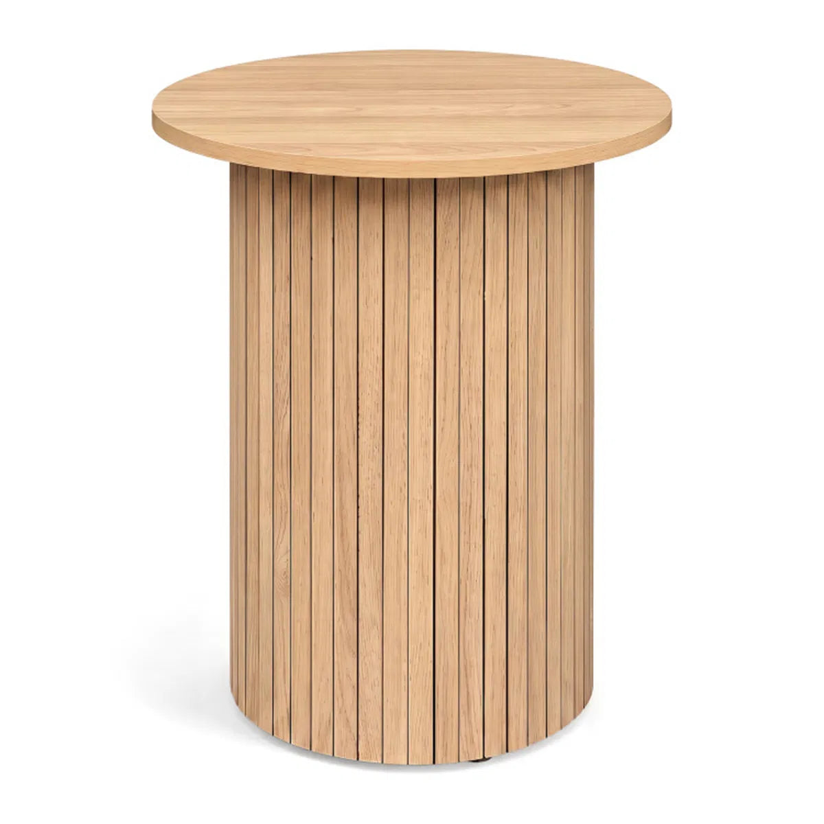 Fluted drum pedestal side table in natural wood-look finish on a plain white background