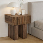 Rustic brown fluted nightstand beside an upholstered bed with a white mushroom lamp
