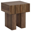 Fluted pedestal nightstand with drawer in rustic brown wood-grain finish on a plain white background