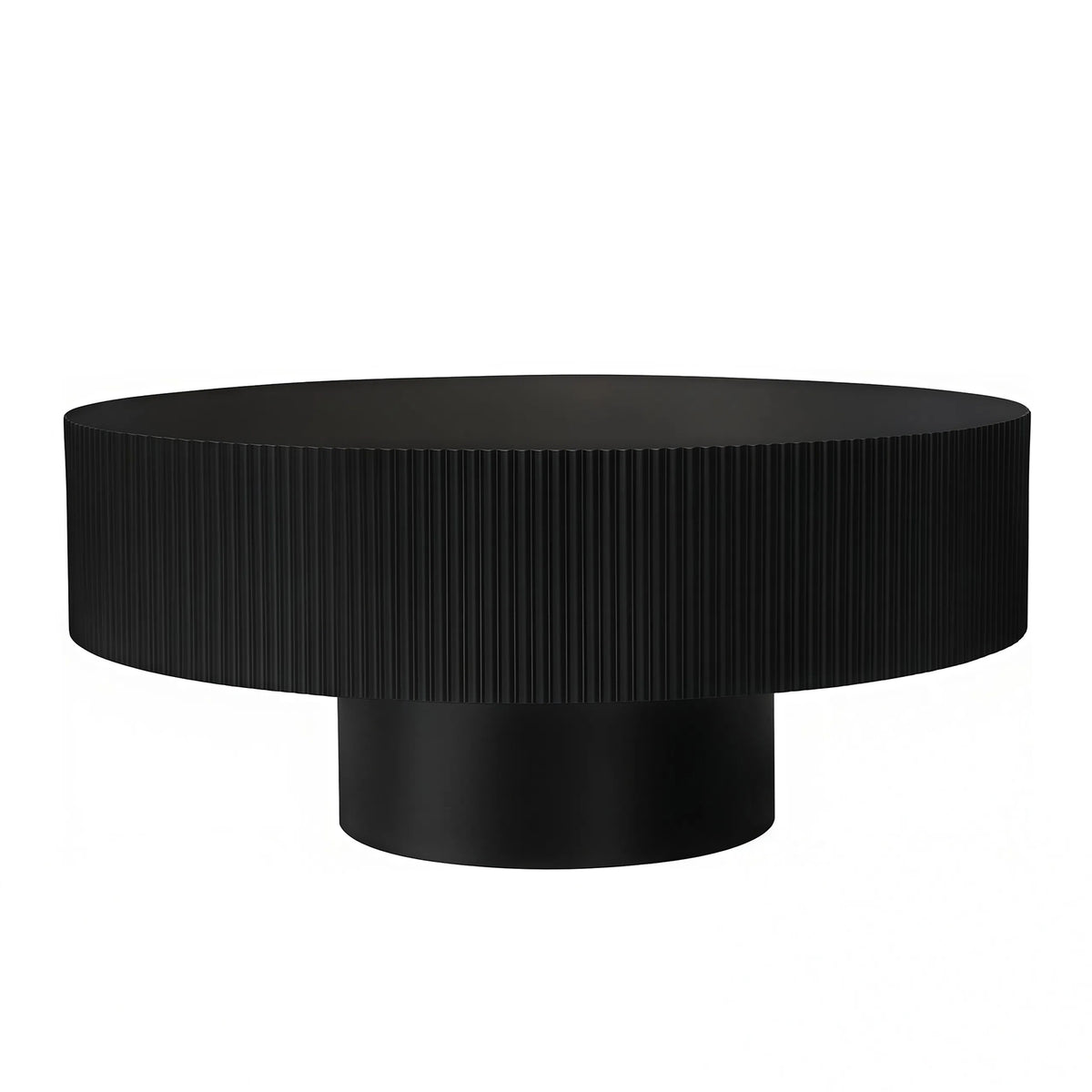 Fluted round drum coffee table in black with pedestal base on a plain white background