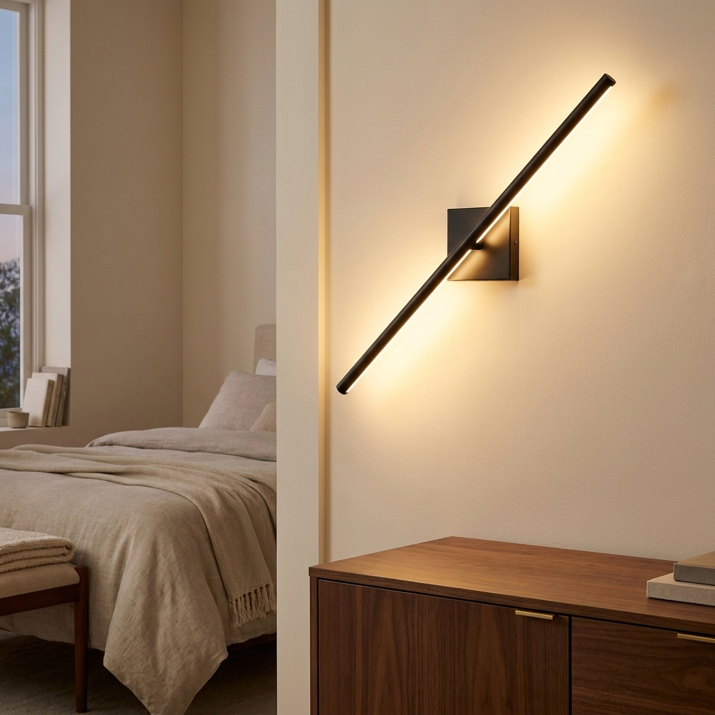 Minimalist LED Wall Sconce, Matte Black, 28 Inch, Set of 2 styled in a room