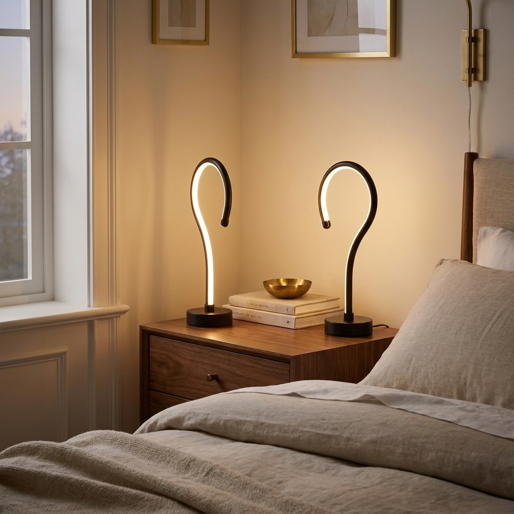 Question Mark LED Table Lamp, Sculptural Matte Black Accent Light, Set of 2 styled in a room