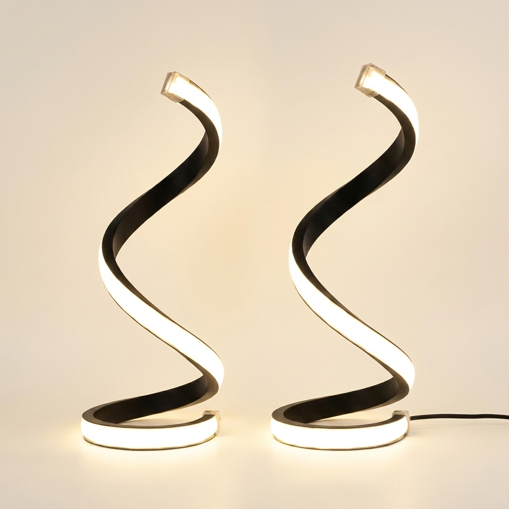 2Pcs Creative Spiral Three-Color Adjustable LED Desk Lamp on a warm cream background
