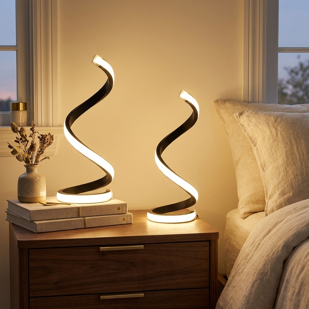 Spiral LED Desk Lamp, Dimmable 3-Color Bedside Light, Set of 2 styled in a room