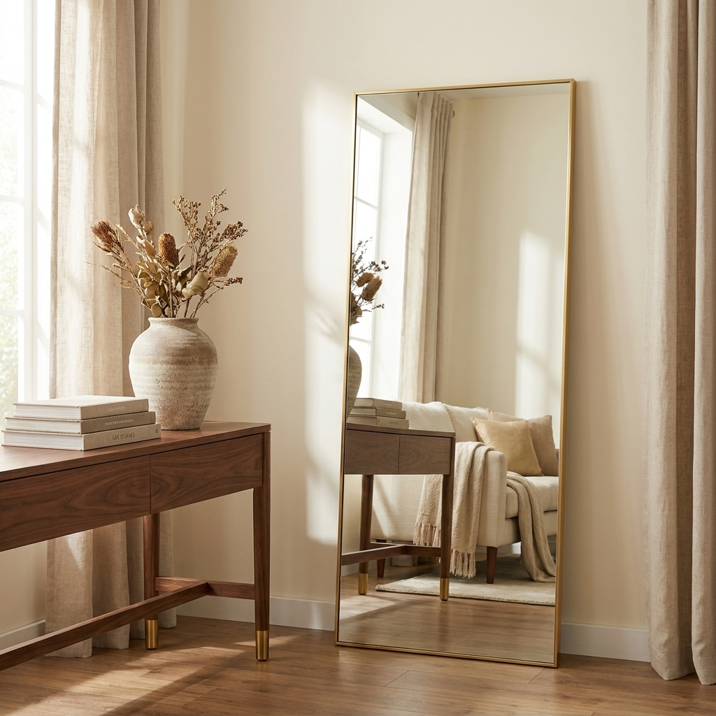 Full-Length Floor Mirror, 63 x 20 Inch, Free Standing or Wall Leaning styled in a room