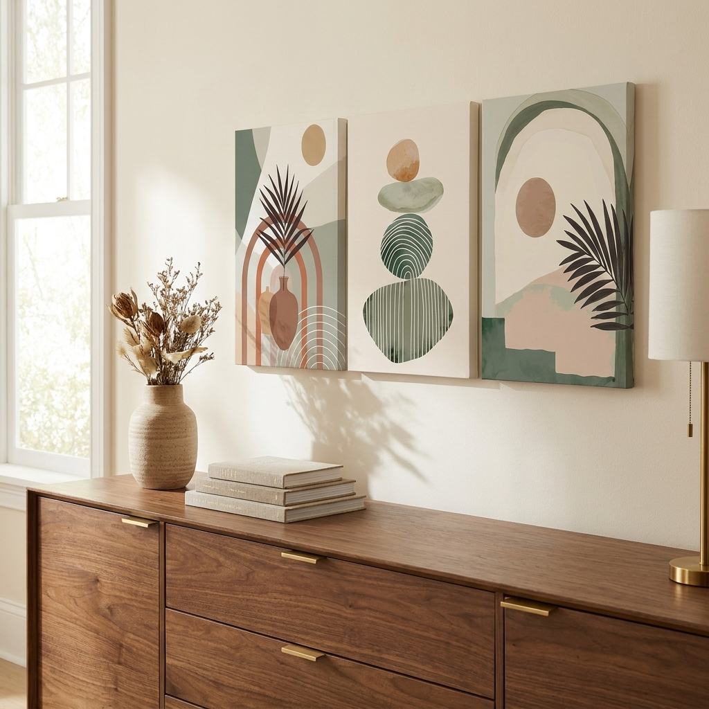 Boho Abstract Canvas Wall Art, Framed 12 x 16 Inch, Set of 3 styled in a room
