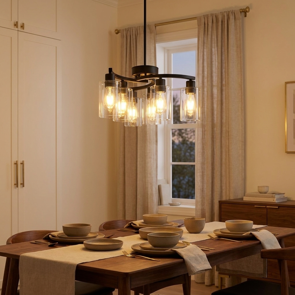 Modern Farmhouse Chandelier, 6-Light Matte Black styled in a room